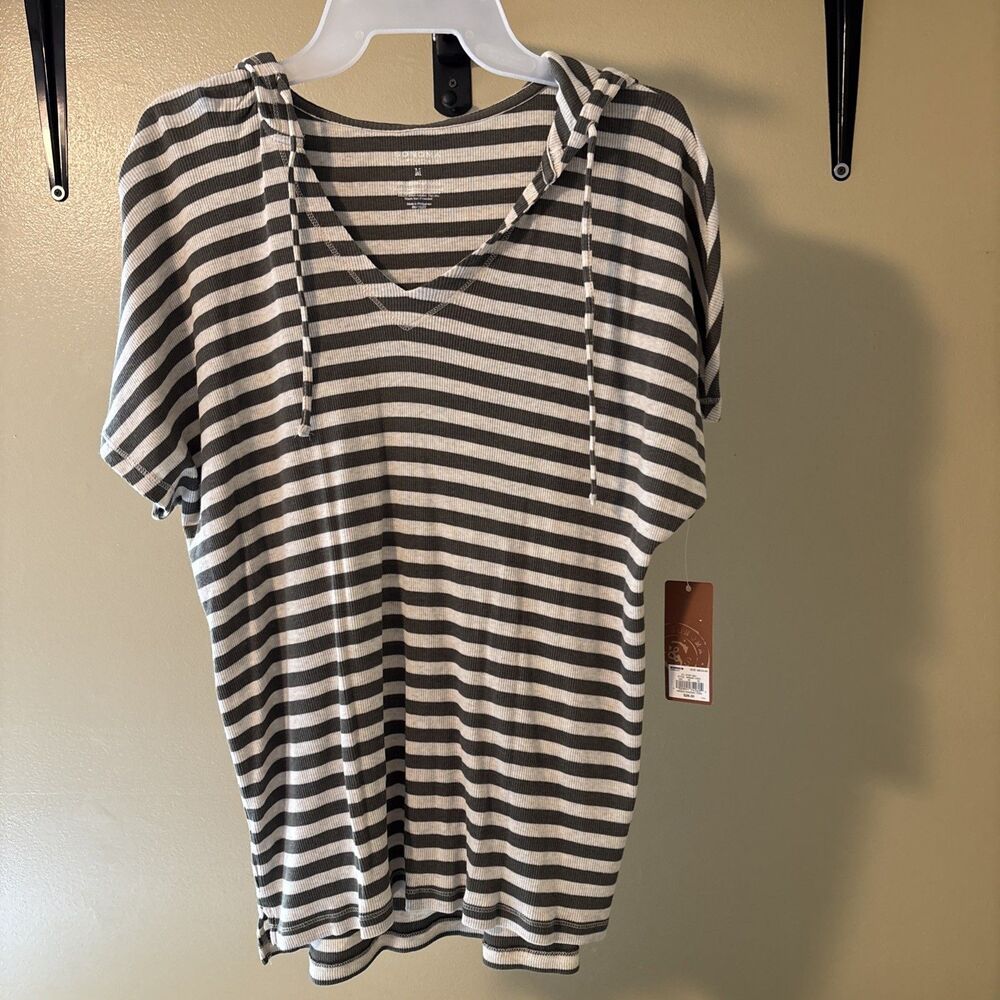 Women's Sonoma Life & Style Green Tan V Neck S/S Hood Stripe T-Shirt Size M NWT